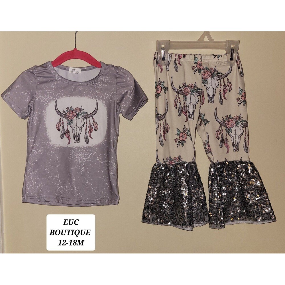 Bull Skull and Sequin Bell Bottoms Pants Toddler Outfit Size 12-18m Boutique EUC